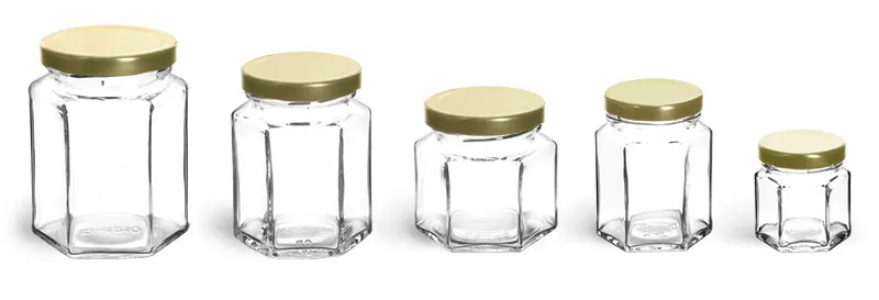 Clear Glass Hexagon Jars w/ Gold Lug Caps