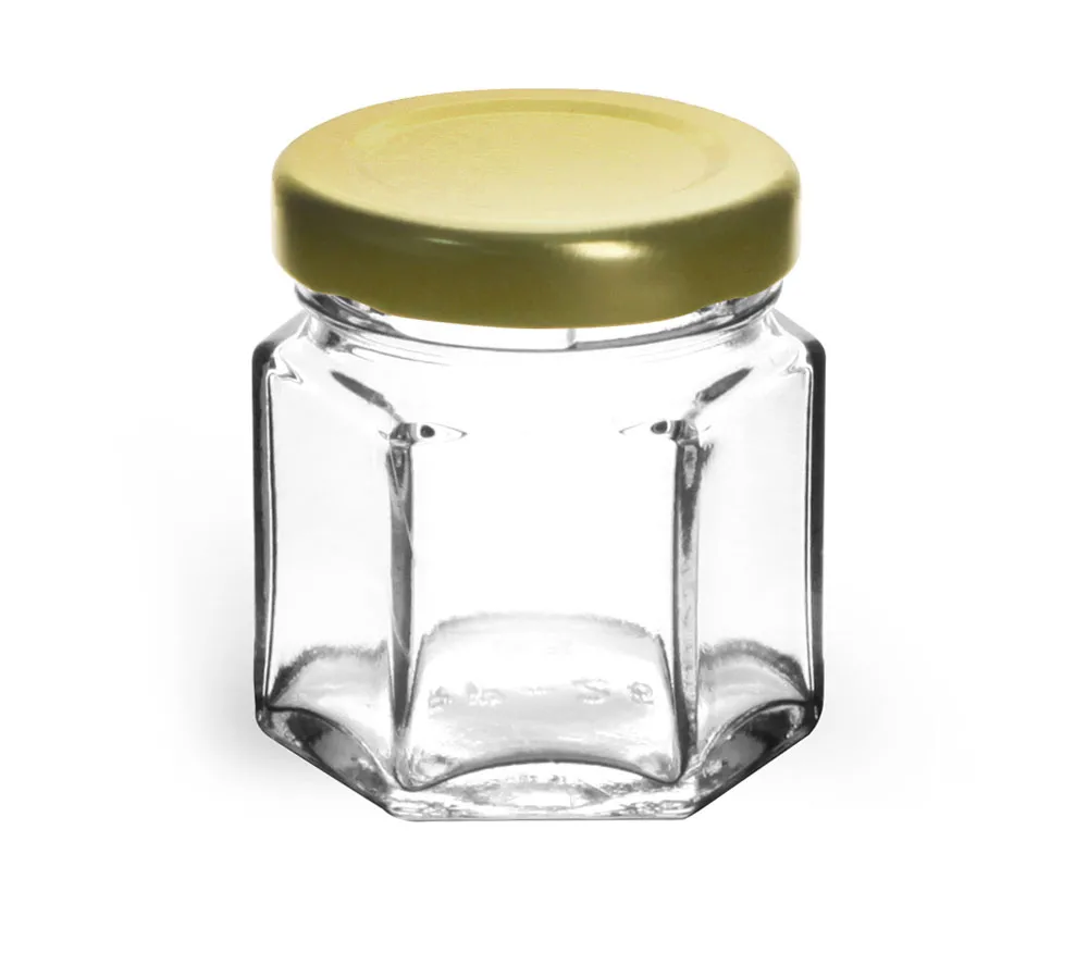 1 1/2 oz Clear Glass Hexagon Jars w/ Gold Lug Caps