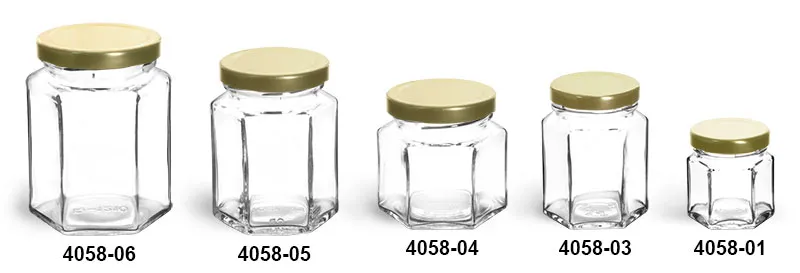Pack of 6 - 12oz Hexagonal Glass Food Jar With Black Twist Off Lid