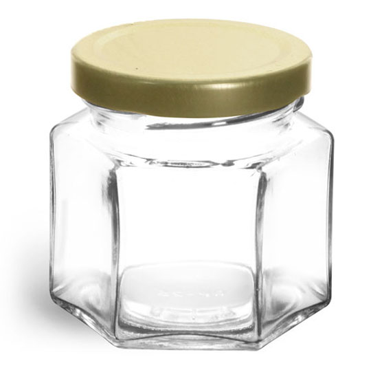 4 oz Clear Glass Hexagon Jars w/ Gold Lug Caps