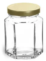 6 oz Clear Glass Hexagon Jars w/ Gold Lug Caps