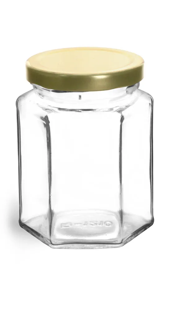 9 oz Clear Glass Hexagon Jars w/ Gold Lug Caps