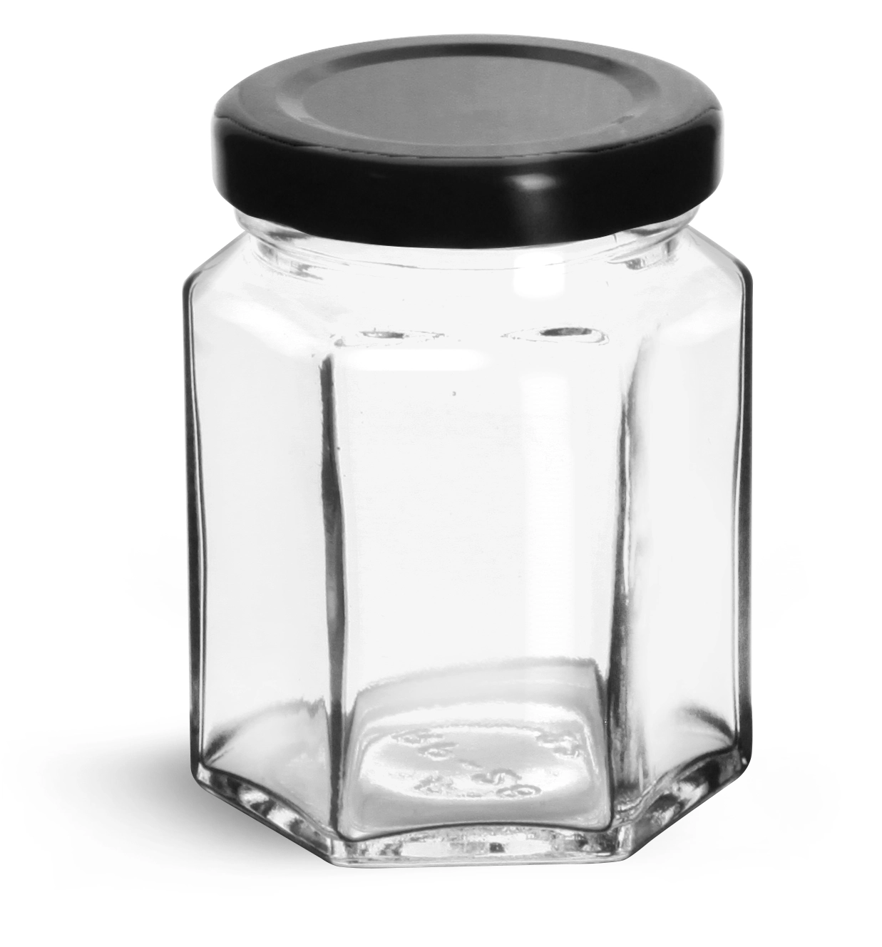 3 3/4 oz Clear Glass Hexagon Jars w/ Black Metal Lug Caps