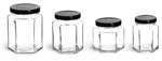 Clear Glass Hexagon Jars
w/ Black Metal Lug Caps