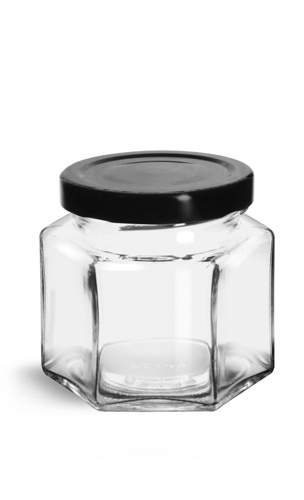 4 oz Clear Glass Hexagon Jars w/ Black Metal Lug Caps