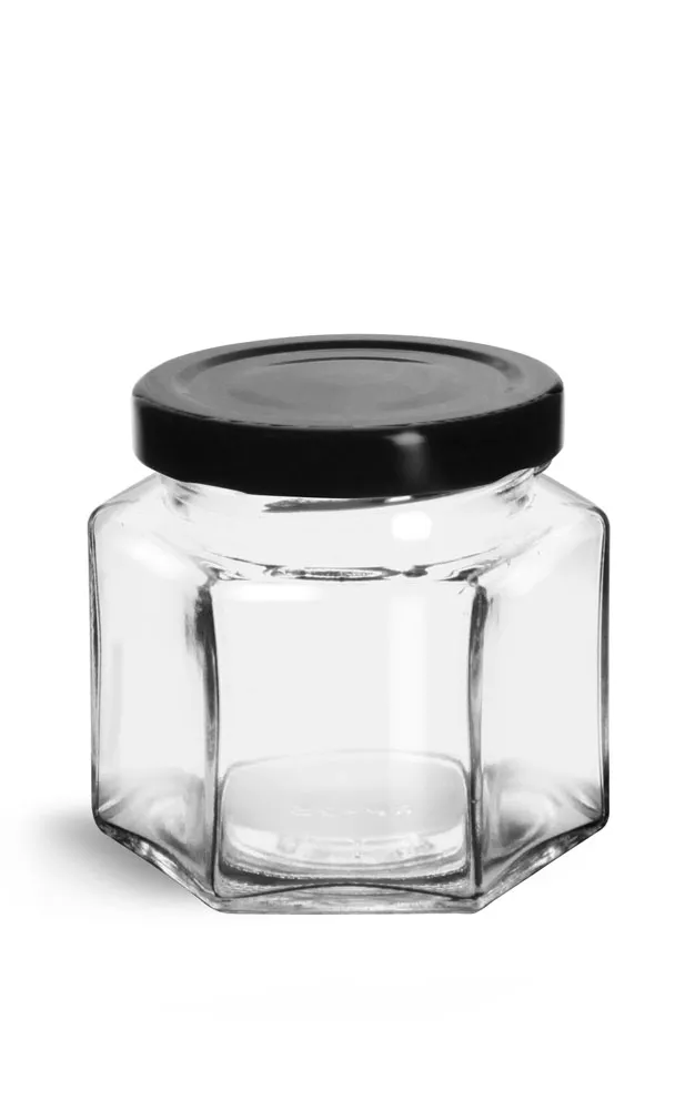 4 oz Clear Glass Hexagon Jars w/ Black Metal Lug Caps