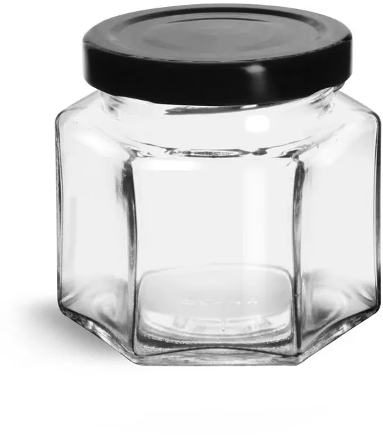 6oz Clear Glass Hexagon Jars (Gold Metal Lug Cap) - 12/Case, Clear Type III 58 Lug
