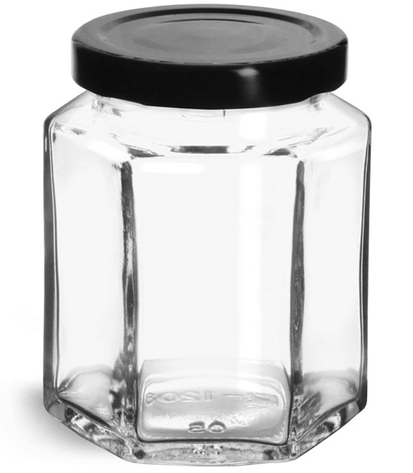 6 OZ CLEAR GLASS HEXAGON JARS W/ BLACK METAL LUG CAPS