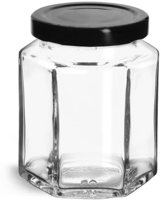 6 oz Oval Hexagon glass canning jars with black plastisol lids