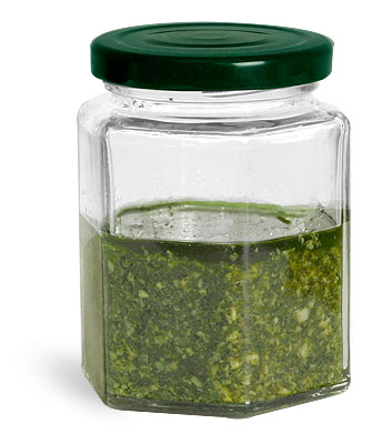 Clear Glass Hexagon Jars w/ Green Metal Lug Caps