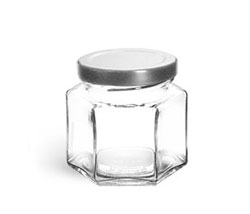 Clear Glass Jars, Clear Glass Hexagon Jars w/ Silver Metal Lug Caps