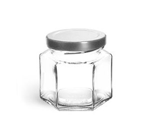 Clear Glass Jars, Clear Glass Hexagon Jars w/ Silver Metal Lug Caps