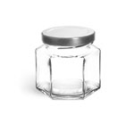 Clear Glass Hexagon Jars w/ Silver Metal Lug Caps