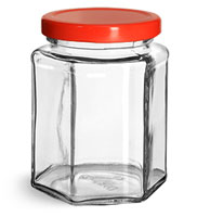Clear Glass Jars, Clear Glass Hexagon Jars w/ Red Metal Plastisol Lined Lug Caps