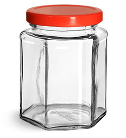 Clear Glass Jars, Clear Glass Hexagon Jars w/ Red Metal Plastisol Lined Lug Caps