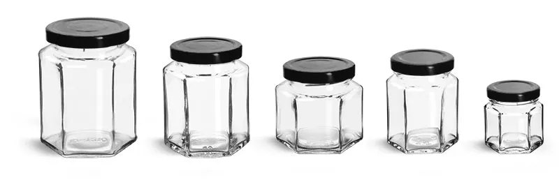 CycleMore 6oz Hexagon Glass Jars with Black Lids, Clear Glass