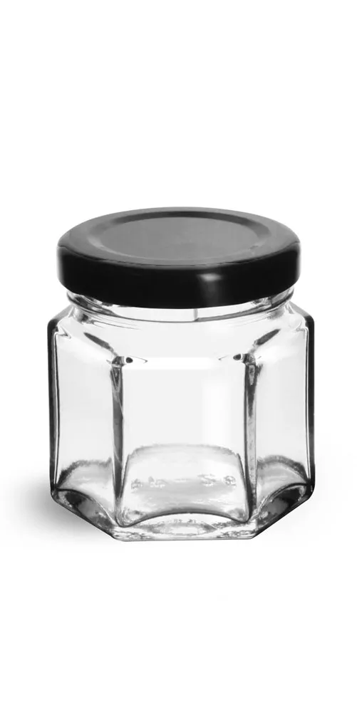 6 oz Clear Glass Hexagon Jars w/ Black Metal Lug Caps