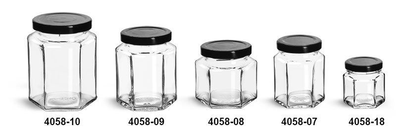 Clear Glass Jars, Clear Glass Hexagon Jars w/ Black Metal Lug Caps