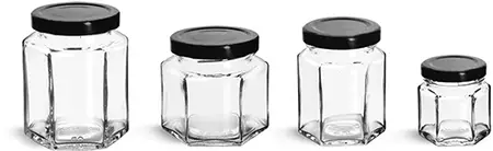 Clear Clear Glass Hexagon Jars w/ Black Metal Lug Caps