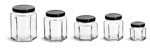 Clear Glass Hexagon Jars w/ Black Metal Lug Caps