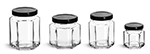 Clear Glass Jars, Clear Glass Hexagon Jars w/ Black Metal Lug Caps
