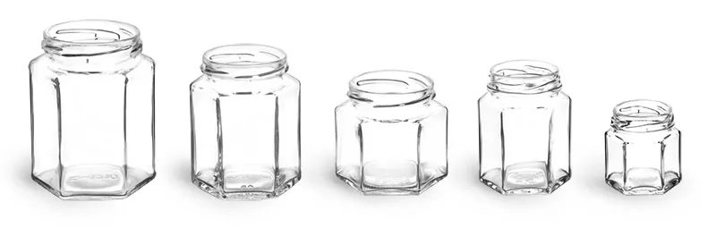 CycleMore 6oz Hexagon Glass Jars with Black Lids, Clear Glass