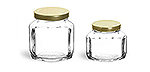 Clear Glass Jars, Clear Glass Oval Hexagon Jar w/ Gold Lug Caps