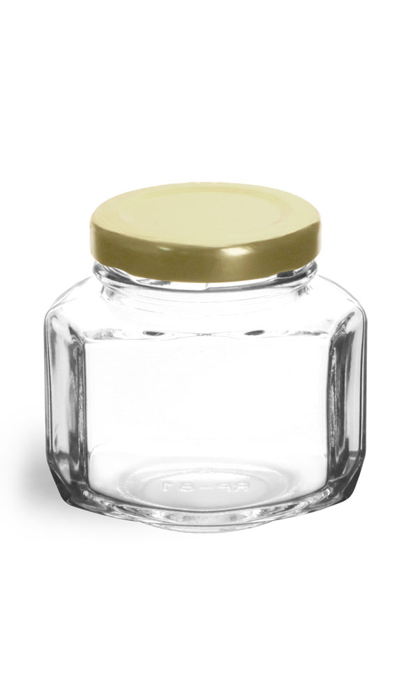 SKS Bottle & Packaging 3 3/4 oz Clear Glass Oval Hexagon Jar w/ Gold Lug Caps