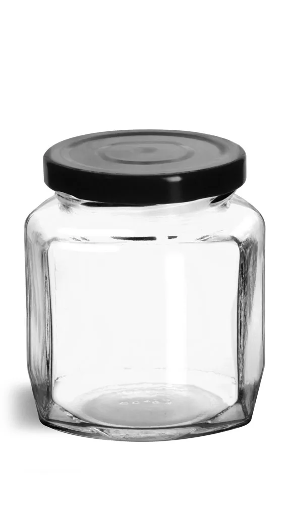 9 oz Clear Glass Oval Hexagon Jars w/ Black Metal Lug Caps
