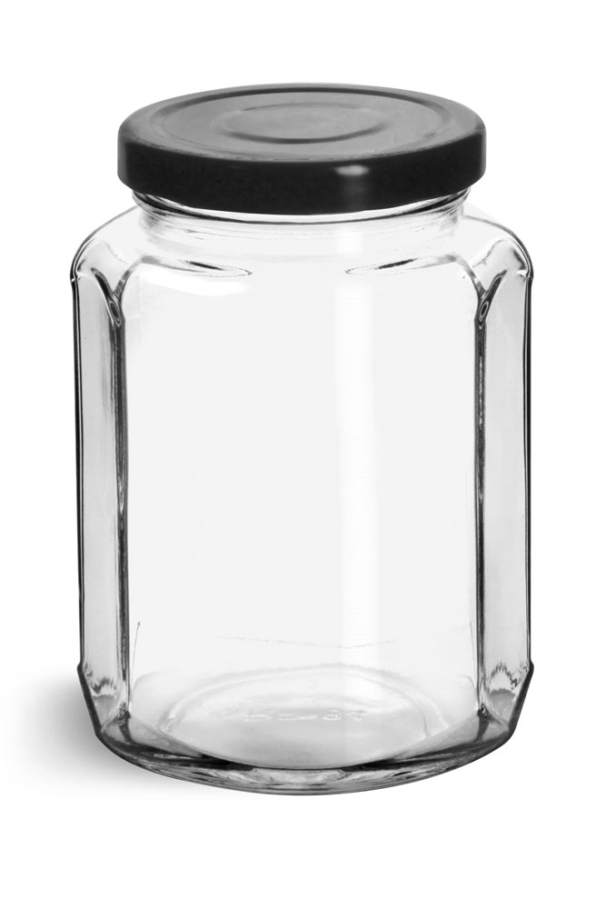 SKS Bottle & Packaging 12 oz Clear Glass Oval Hexagon Jars w/ Black Metal Lug Caps
