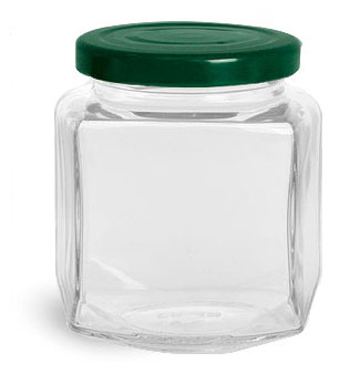 Clear Glass Oval Hexagon Jars w/ Green Metal Lug Caps