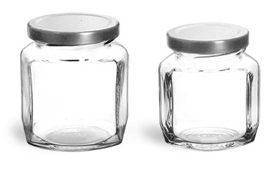 Clear Glass Oval Hexagon Jars w/ Silver Metal Lug Caps