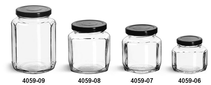 Clear Glass Jars, Clear Glass Oval Hexagon Jars w/ Black Metal Lug Caps
