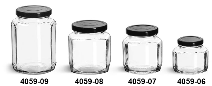 Clear Glass Jars, Clear Glass Oval Hexagon Jars w/ Black Metal Lug Caps