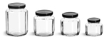 Clear Glass Oval Hexagon Jars w/ Black Metal Lug Caps