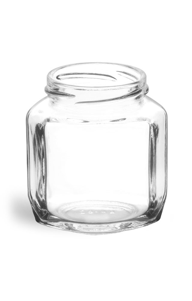 6oz Clear Glass Hexagon Jars (Black Lug Cap) for Canning 12/Case, Clear Type III 58 Lug