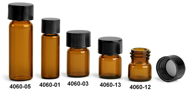 Glass Vials, Amber Glass Vials w/ Black Phenolic PV Lined Caps
