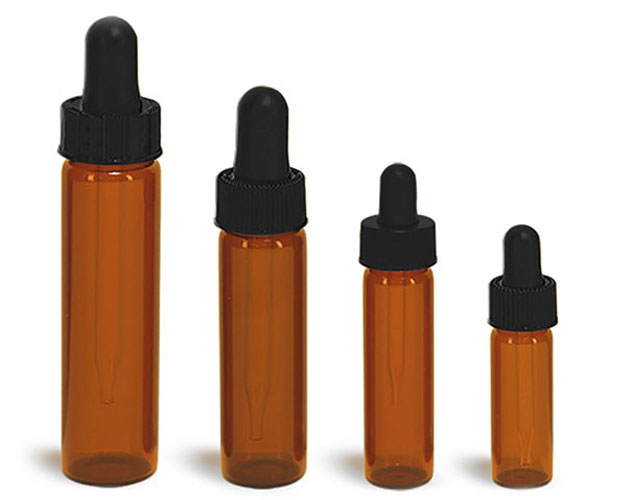 Glass Vials, Amber Glass Vials w/ Straight Black Bulb Glass Droppers