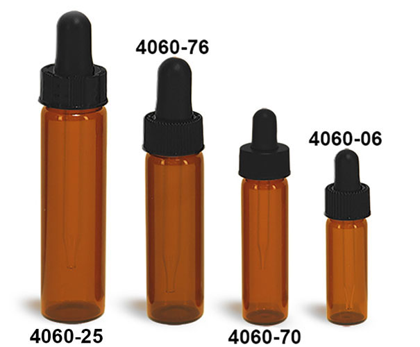 Glass Vials, Amber Glass Vials w/ Straight Black Bulb Glass Droppers