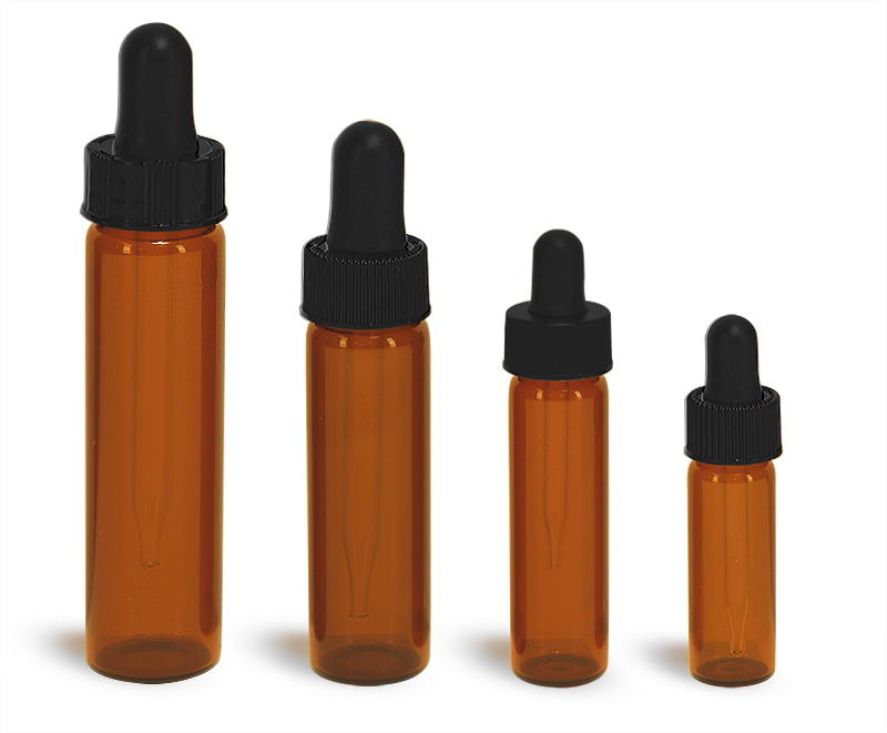 Amber Glass Vials w/ Straight Black Bulb Glass Droppers