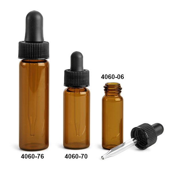 Glass Vials, Amber Glass Vials w/ Straight Black Bulb Glass Droppers