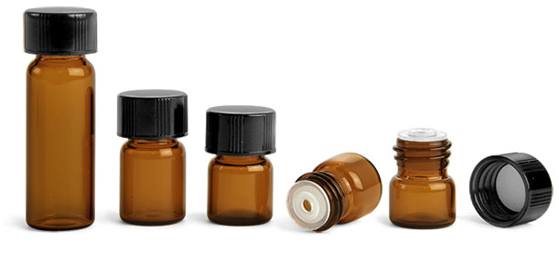 Glass Vials, Amber Glass Vials w/ Black Phenolic PV Lined Caps & Orifice Reducers