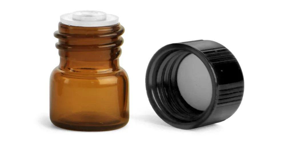 1/3 dram Amber Glass Vials w/ Black Phenolic PV Lined Caps & Orifice Reducers
