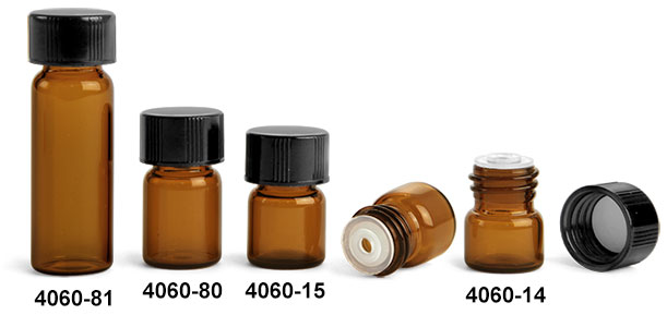 Glass Vials, Amber Glass Vials w/ Black Phenolic PV Lined Caps & Orifice Reducers