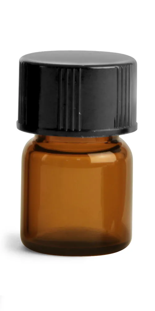 1/2 dram Amber Glass Vials w/ Black Phenolic PV Lined Caps & Orifice Reducers