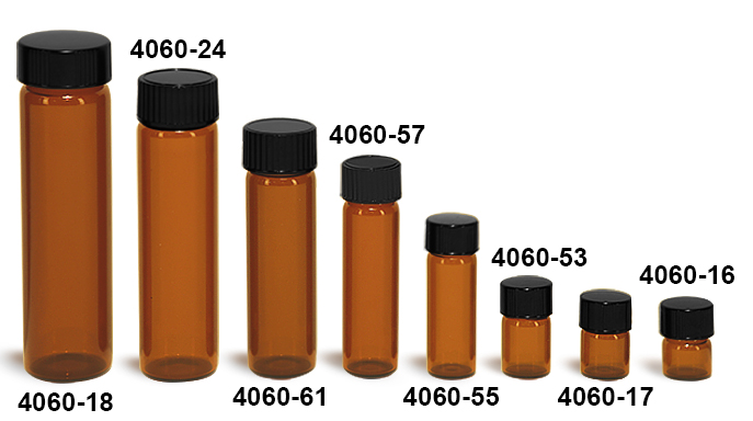 Glass Vials, Amber Glass Vials with Black Phenolic Cone Lined Caps