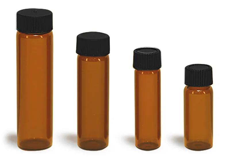 Glass Vials, Amber Glass Vials w/ Black Ribbed PE Lined Caps