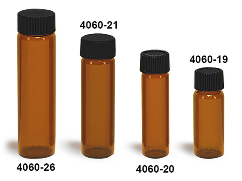 Glass Vials, Amber Glass Vials w/ Black Ribbed PE Lined Caps