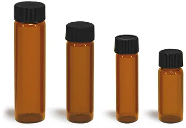 Glass Vials, Amber Glass Vials w/ Black Ribbed PE Lined Caps