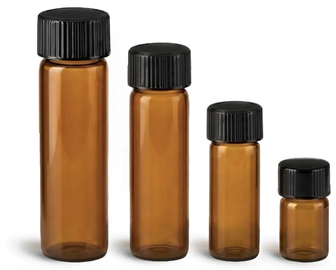 Amber Glass Vials w/ Black Phenolic Cone Lined Caps